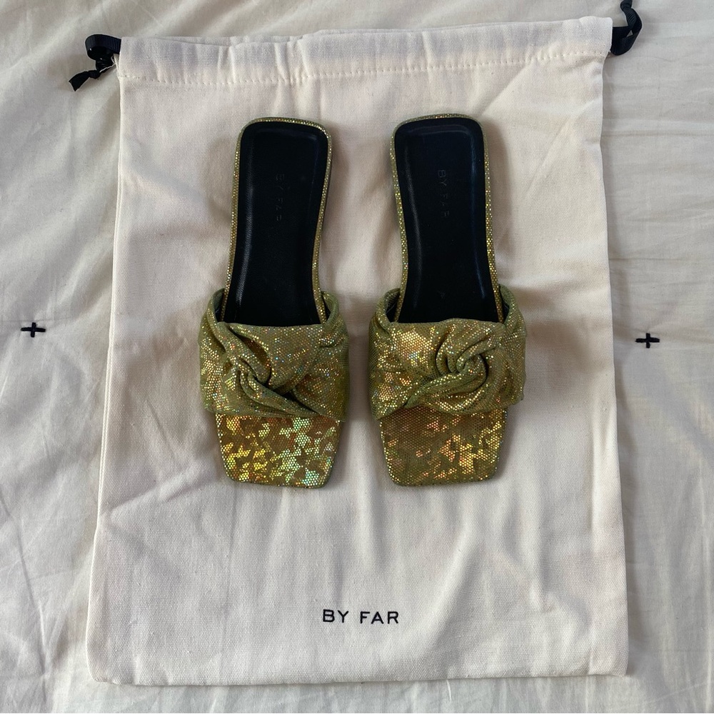 By Far Lima Knot Disco Leather Sandal Women's Size 36 Gold and Green